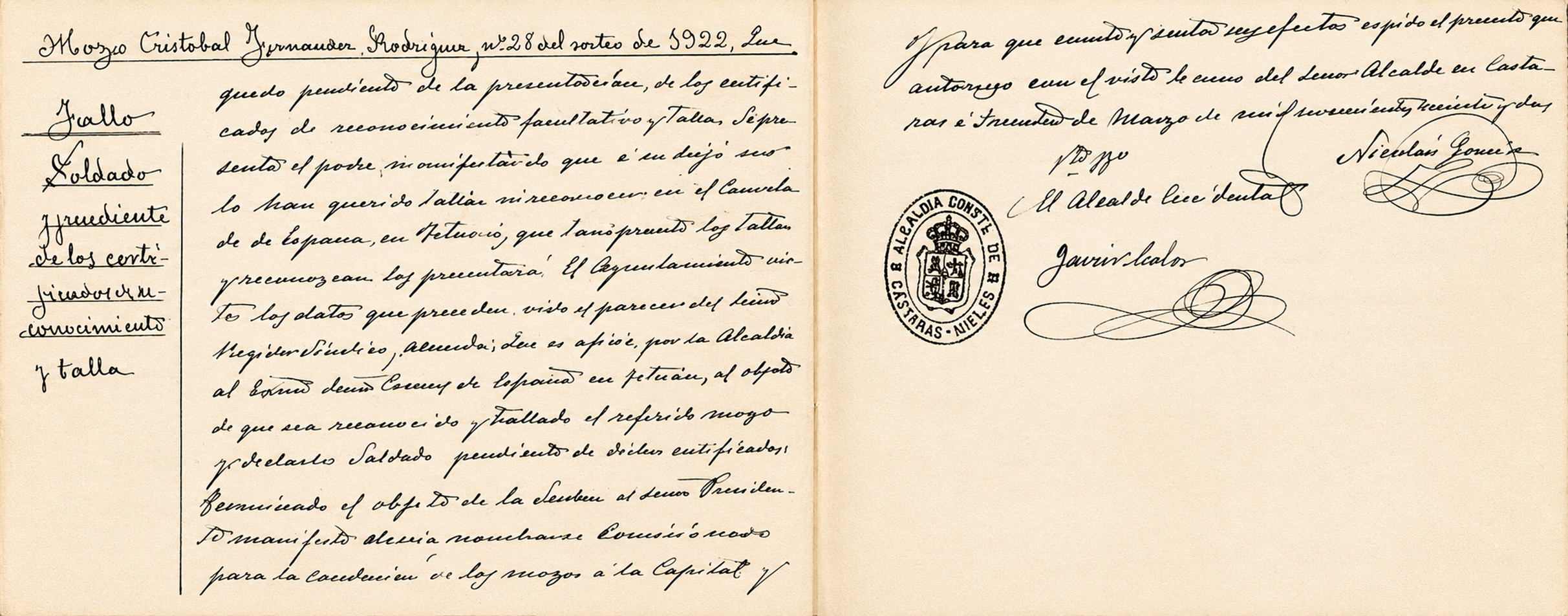 Quintos de Cástaras, 1922. Cristóbal Fernández